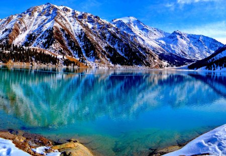 CYAN LAKE - cyan, winter, snow, lake, mountain