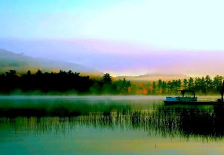 BOAT on the LAKE - nature, boat, mist, lake, forest