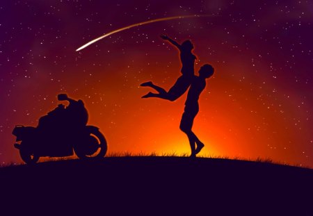 COUPLE &  STARRY SKY - motorcycle, starry, silhouette, couple, sky