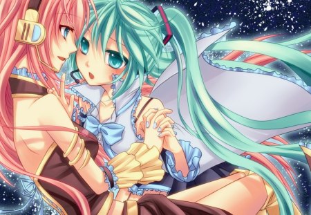 Vocaloid - anime, vocaloid, cartoon, bow tie, blue, green hair, pink, aqua, music, red hair, japan, red, sing, ear phones, pony tales, love, orange, peach, black, green, rose