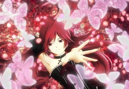 Butterflies - female, wrist, girl, magic, black, red hair, white, butterfly, pink, red, anime, colors, colourful, butterflies