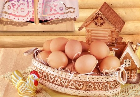 FRESHLY LAID - nourishment, chickens, decorative, baskets, eggs, breakfast, kitchens, food, ornaments