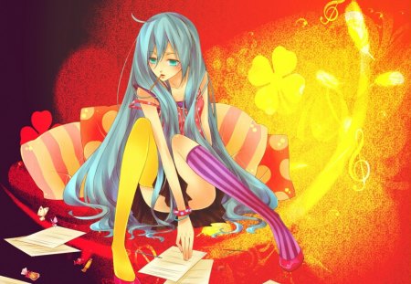 Different Socks - anime, yellow, magic, beige, young flower, aqua, purple, red, socks, teen, girl, orange, black, white, lady, woman, paper