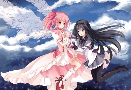 Pink Dress - clouds, anime, teens, blue, pains, dress, pink, feminine, girls, black, white, friends, pink hair, sky, young, pink dress