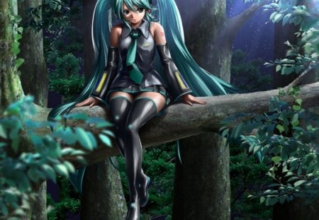 Girl in a Tree, Vocaloid - outfit, forest, black, young, leaves, girl, pony tails, singer, tree, aqua, vocaloid, anime, teen, bule, sky, aqua hair, female, music, green