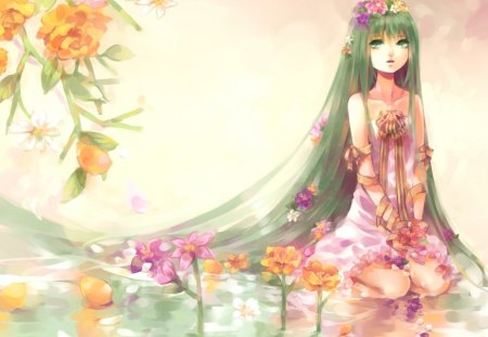 Asian Maiden - woman, autumn, female, fowers, black, noble, white, yellow, ornage, green, anime, grass, maiden, girl, asian, young, alone, pink, dress