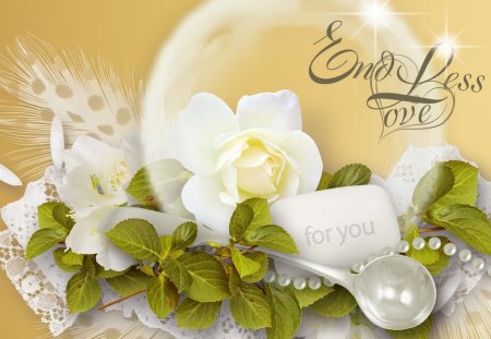 Endless Love - spoon, love, rose, beads, gold, bubble, fleurs, romantic, lace, leaves, flowers