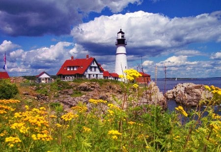 Portland headlight - pretty, summer, coast, cabin, portland, beach, flowers, fresh, shore, nice, houses, cottage, sky, clouds, lighthouse, water, beautiful, sea, lovely, ocean, stones, nature, headlight, rocks