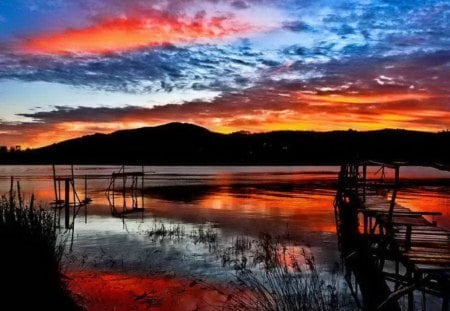 Sunset pier - beautiful, amazing, river, pier, nature, sunset, colorful, mirrored, lake, sky, pond, dusk, reflection, island, nice, clouds, lovely, twilight