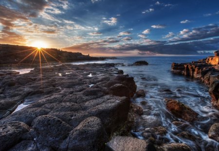 * Rays of the sun * - rays, nature, sky, ocean, clouds, sun, water, rocks