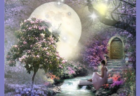 Touch The Moon - abstract, girl, full moon, flowers, garden, fantasy