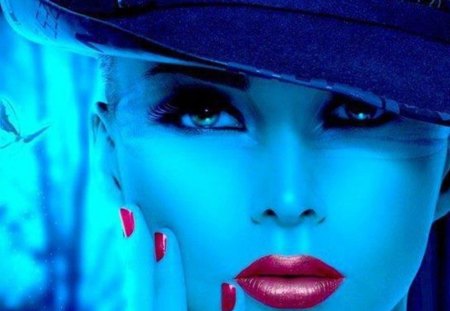 woman in blue - nail polish, hat, lips, red, beautiful face