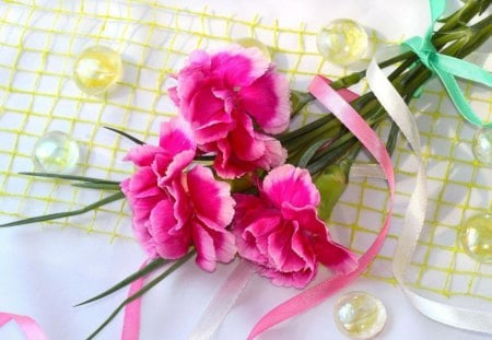 SWEET GIFT - blooms, pearls, gifts, marbles, bouquets, pink, carnations, ribbons, posies