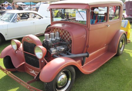 1929 Ford in melon pink color - headlights, ford, black, melon pink, photography, tires, green, grass