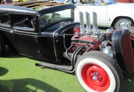 Chevrolet Car Engine one of the kind - Tires, Photography, Chevrolet, Headlights, White, black, car, red, engine