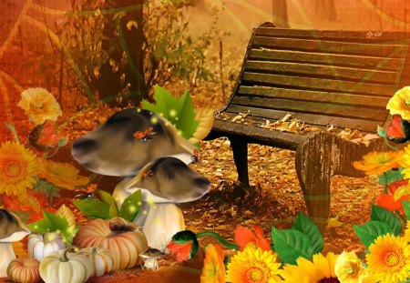 Bright Fall Day - mushrooms, sunflowers, autumn, pumpkin, thanksgiving, ladybugs, gourds, fall, harvest, fleurs, october, leaves, flowers