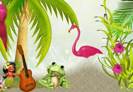 Froggy Vacation - whimsical, beach, palm trees, tropics, guitar, rog, bird, vacation, pink flamingo, sweet, flowers, hula girl, cute, froggy