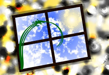 Sunny - window, sun, blue, circles, green