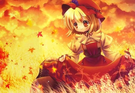 Autumn Anime - hat, clouds, young girl, anime, yellow, red dress, tall grass, girl, orange, leaves, fire, autumn, red, young