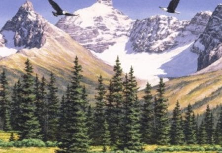 Soaring Eagle - eagles, sky, mountains, pines