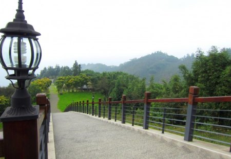 Overlook - grasses, lamp, mountain, bridge, overlook