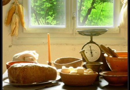 Kitchen - candle, tablet, kitchen, window, flour, clock, egg, bread