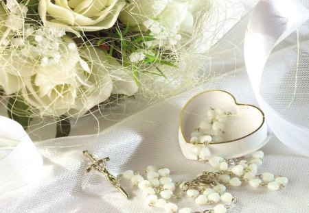 Pure LOVEâ™¥ - jesus, pure love, rosary, beautiful, bouquet, blessings, special, white, roses, heart, event, baptism, cross, pure, entertainment, fashion