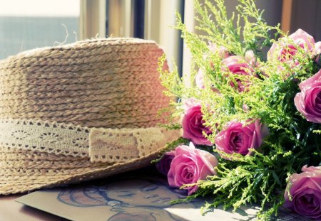 * Sunny morning * - hat, roses, delicate, beautiful, pink roses, window, portrait, sunshine, morning, flowers, woman, sunny day