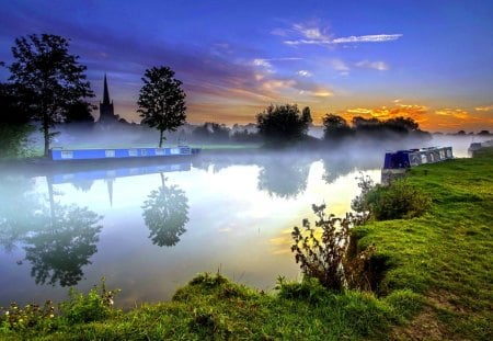 RIVER in FOG - structures, ships, river, city, fog, trees, sunset