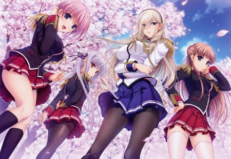 Walkure Romanze - hot, celia cumani aintree, anime girl, hairband, cherry blossom, pantyhose, pink hair, sliver hair, tree, kisaki mio, lisa eostre, breasts, cool, beauty, noel marres ascot, sweet, thighhighs, four girls, purple hair, school uniform, walkure romanze, long hair, petals, sexy, female