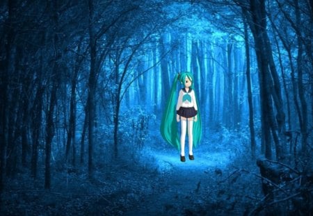 Lost In The Woods - vocaloid, blue, in, mmd, miku, mikumikudance, green, lost, hatsune, 3d, turqoise, creepy, woods