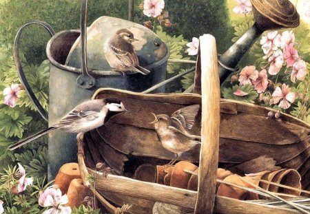 Bird's and a Basket - bird, birds, small, basket, fly, painting, wings, beak, feathers, art, folwers, watering can