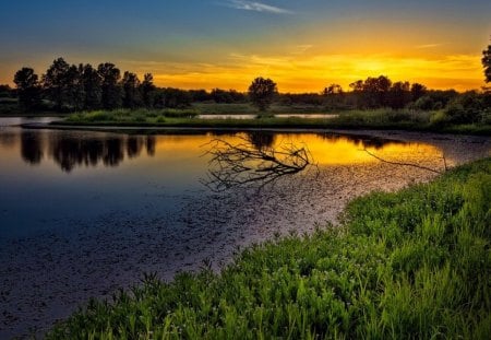 Mirrored lake - nice, sky, dazzling, riverbank, clear, mirrored, reflection, pretty, river, clouds, grass, lake, summer, shore, lovely, nature, glow, island, flowers