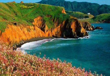 Coastal beauty - pretty, coast, blue, reflection, mountain, summwer, flowers, shore, riverbank, lake, paradise, nice, emerald, sky, beautiful, sea, beauty, lovely, river, nature, waves