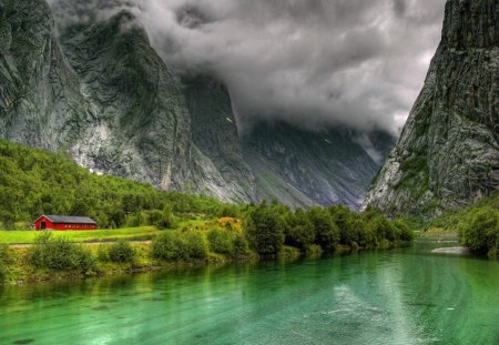 Mystic mountain - pretty, calm, reflections, cabin, greenerypeaceful, mystic, mountain, shore, riverbank, cliffs, lake, nice, emerald, cottage, house, trees, beautiful, lovely, lakeshore, slopes, river, nature, green