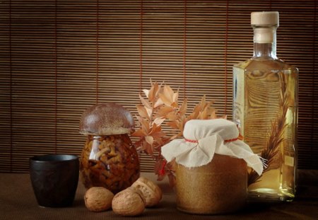 Still life - beauty, bokeh, mushrooms, photography, colorful, bouquet, wine, pretty, green, bottle, tree, grass, lovely, nature, beautiful, colors, flowers