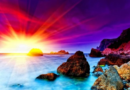 * Purple sky * - water, ray, amazing, beautiful, sea, sunset, purple, sun, sky, rocks