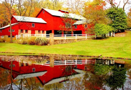 Reflection of a red house - summer, cabin, grass, meadow, forest, reflection, crystal, calmness, countryside, shore, riverbank, red, waters, field, lake, nice, cottage, sky, house, trees, beautiful, mirrored, lovely, fence, village, river, nature, clear, peaceful