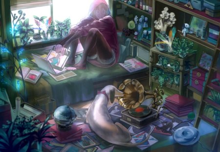 Curious dog - anime, blue, dog, earth, biiks, curious, flower, plant, pink, toy, boy, music, manga, animal, green