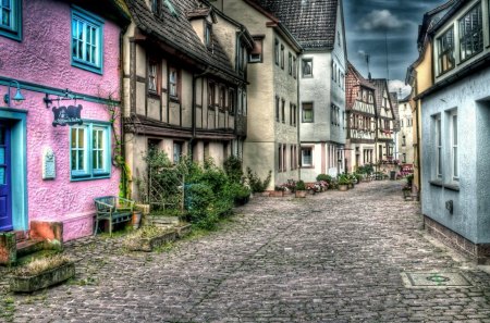 Old Times Good Times - stone, blue, windows, road, pink, buildings, architecture, flowers, doors, textures, nature, green, gray, plants, houses, sky