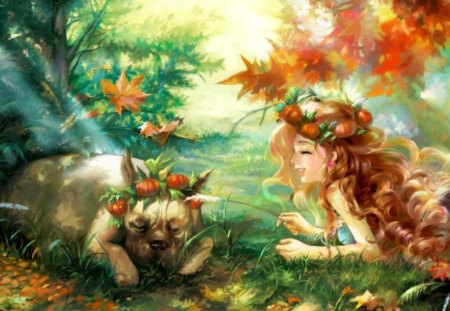 Fun in an autumn day - sunny, girl, dog, anima, beauty, orange, tree, red hair, manga, animal, sleep, autumn, fruit, cute, leaf, art