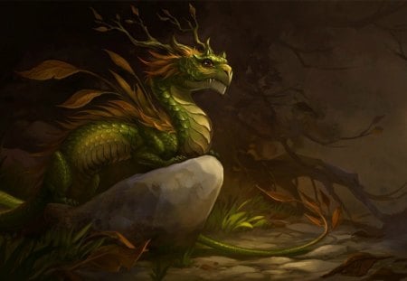 Baby dragon - stone, green, animal, baby dragon, realm, fantasy