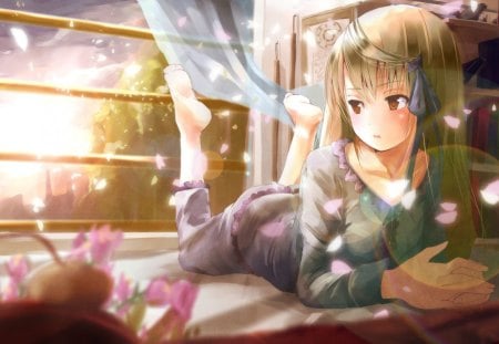 A new day - vase, anime, bad, girl, sunrise, spring, flower, pink, manga, day