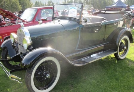 1928 Ford - black, headlights, red, green, grass, ford, wheels