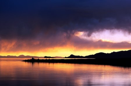 sunset behind rain clouds - clouds, silouhette, sunset, sea, coast