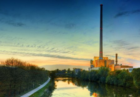 factory by the river in saarbrucken germany hdr - chimney, river, sunset, hdr, factory