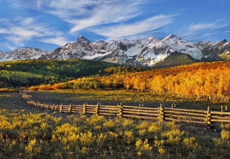 magnificant landscape - fence, forest, mountains, autumn