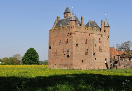 Castle Doornenburg - stone, sky, building, trees, kasteel, doornenburg, fortress, home, castle, classic, old, grass