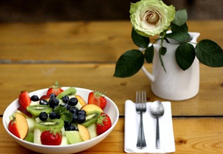 *** So Romantic *** - roses, salat, plate, fruits