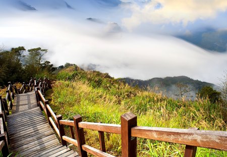 Landscape - beauty, sky, peaceful, mountains, path, view, clouds, green, grass, fence, landscape, wooden, lovely, nature, pathway, beautiful, splendor